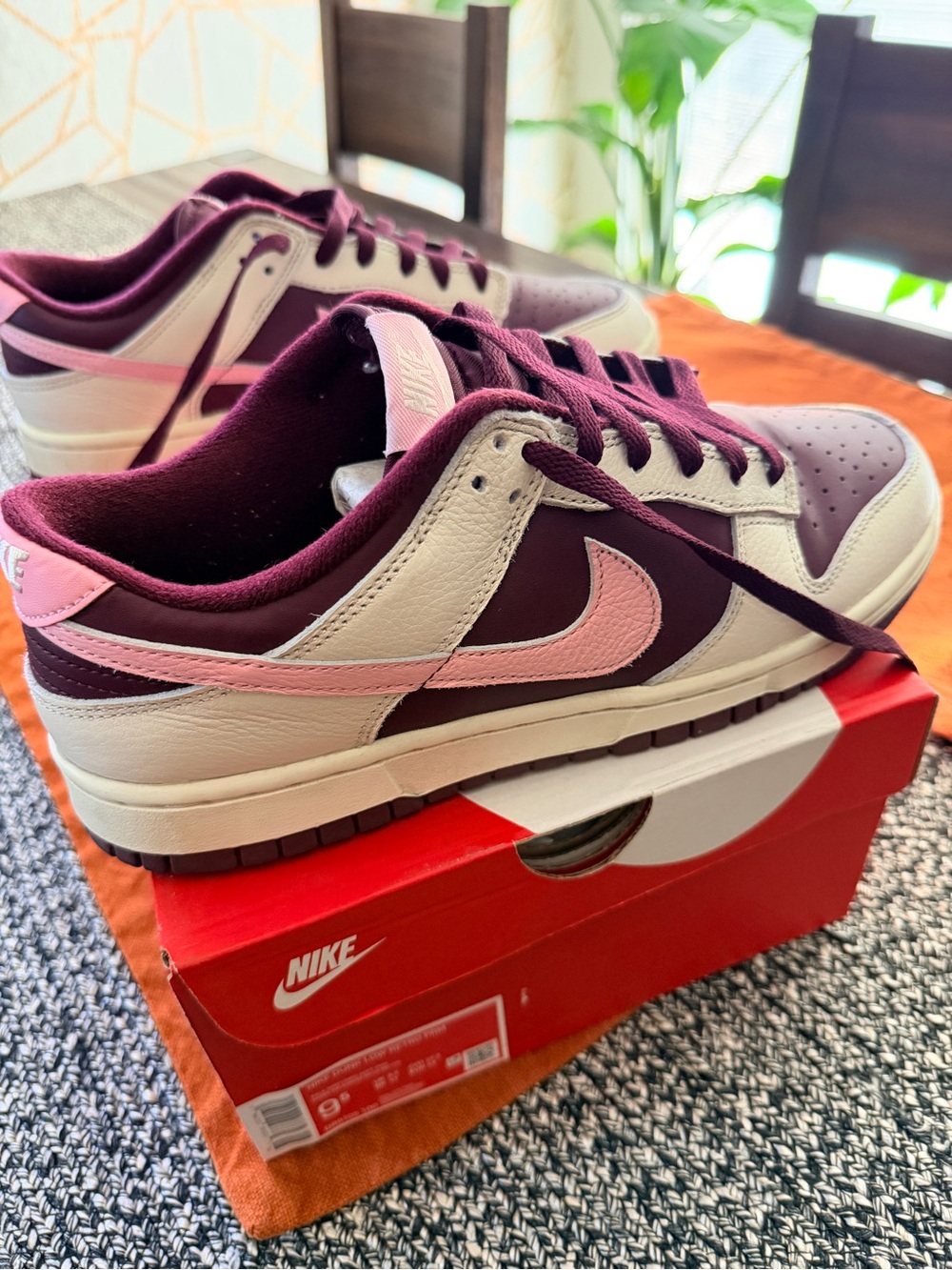 Nike Men’s“Valentine’s Day” Dunk Low Burgundy and Pink Leather Sneakers